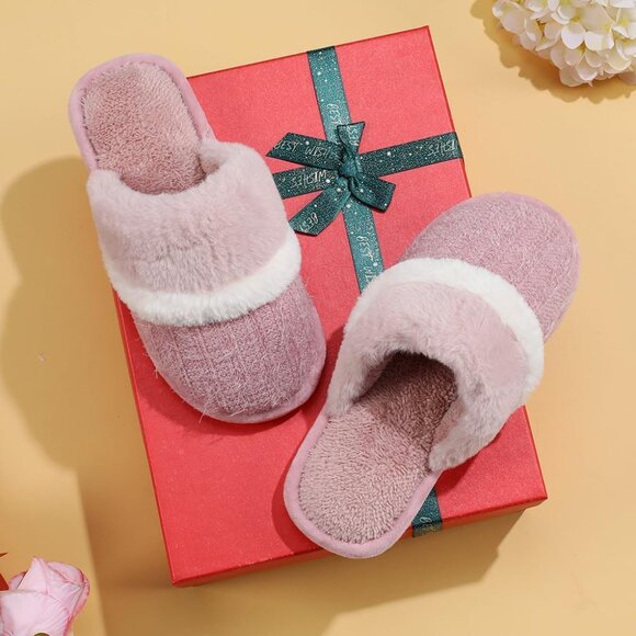 Women's Pink Two-Tone Cozy Comfy Memory Foam Slippers Slip-On Indoor House Shoes - Picture 8 of 8